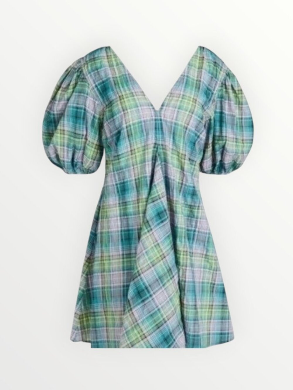 Ganni Seersucker Check Puff Sleeve V-Neck Mini Dress in Lagoon